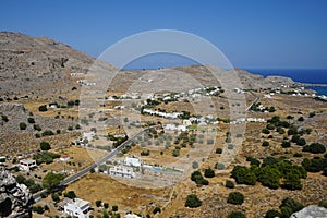 View of Navarone Bay and surrounding area in August. Lindos, Rhodes island, Greece