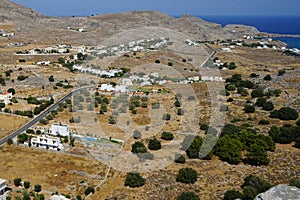 View of Navarone Bay and surrounding area in August. Lindos, Rhodes island, Greece