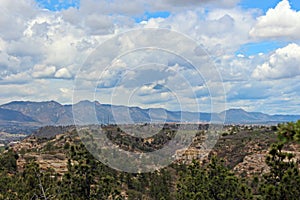 A view from near the high point of a hiking trail in Palmer Park of the Rocky Mountains and Colorado Springs