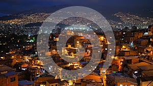 View of neighborhood `Comuna 13` Medellin Colombia at night