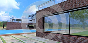 View of the neighboring courtyard of a modern house with a swimming pool. Large mirror window. Wall decoration is old red dark