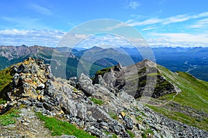 View of Nenana river valley from Mount Healy hike trail with blue sky with white clouds above. Denali National Park and