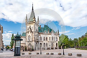 View of neo-gothic Jakab palace with emerald green roof in Old town in Kosice SLOVAKIA