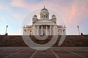 View of the neoclassical Helsinki Cathedral at sunset