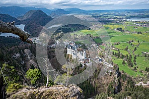 View of Neuschwanstein Castle and Alps valley near Fussen, Germany