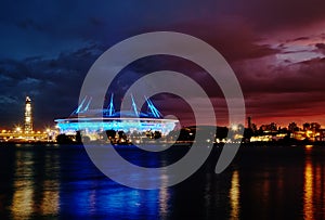View of the Neva Bay and Zenith-arena at night, Saint Petersburg, Russia