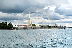 View of the Neva and Peter and Paul fortress, the sky with clouds