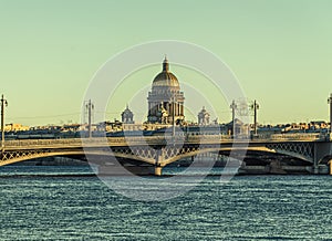 The view of the Neva river, Blagoveschensky bridge and the St. Isaac cathedral.