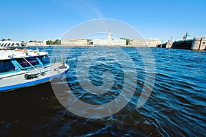 The view of Neva River and hydrofoil boat the Neva river is the main river in Saint Petersburg.