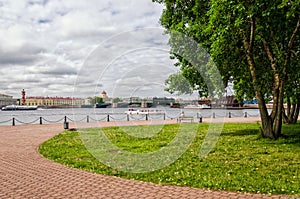 The view on the Neva river, Old Stock Exchange and Dvortsovy bridge from the walls of Peter and Paul fortress.