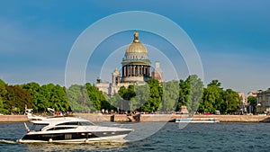 View on the Neva river and St Isaac's Cathedral. St. Petersburg