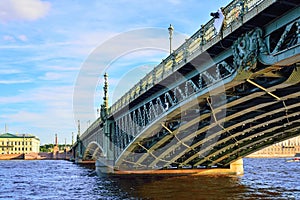 View from the Neva river on the Troitsky bridge in the evening a