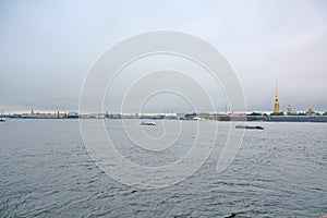 View of Neva river from Troitsky Bridge in Saint Petersburg, Russia