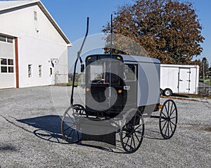 View of a New Amish Buggy, Parked With Out a Horse, Waiting to be Sold on a Sunny Day