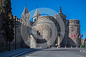 View at the New Bisagra Gate, a monumental moorish main gate entrance on Toledo fortress
