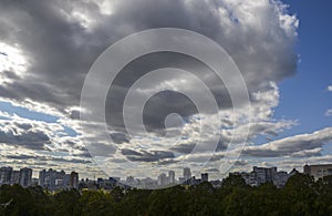 View of new buildings in residential areas surrounded by green tree, Kyiv