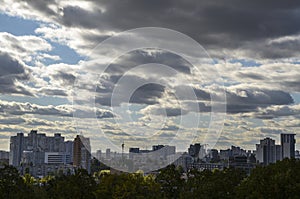 View of new buildings in residential areas surrounded by green tree, Kyiv