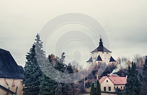 View of New castle in Banska Stiavnica,Slovakia.Autumn season.