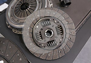 View on new clean car truck clutch component part detail. Car clutch disc disk parts details components for maintenance repair Car