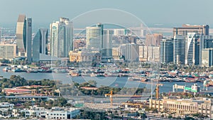 View of new modern skyscrapers in luxury Dubai city, United Arab Emirates Timelapse Aerial