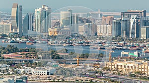 View of new modern skyscrapers in luxury Dubai city, United Arab Emirates Timelapse Aerial