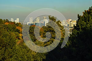 View of new residential areas from Botanical Garden in autumn, Kiev, the capital of Ukraine