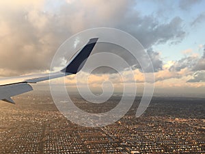 View of New York from Airplane during Sunset on New Years Eve.