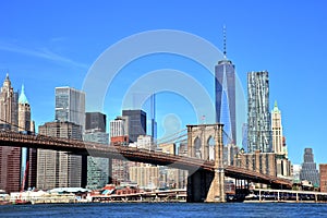 View of New York City Downtown Skyline with Brooklyn Bridge