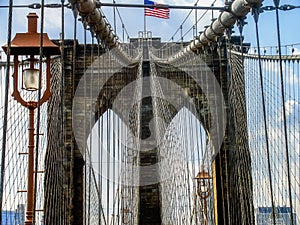 View of New York City, USA, Brooklyn Bridge.