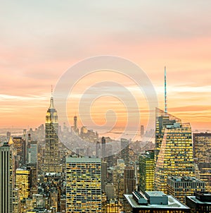 The view of new york manhattan during sunset hours