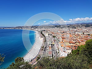 View of Nice from the Chateau hill,  Promenade des Anglais, Cote d`Azur, French riviera, Mediterranean sea, France