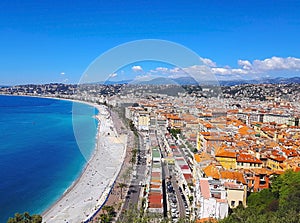View of Nice from the Chateau hill,  Promenade des Anglais, Cote d`Azur, French riviera, Mediterranean sea, France