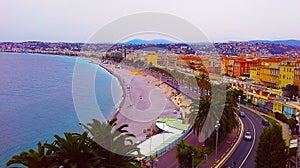 View of Nice city, Promenade des Anglais, Cote d`Azur, French riviera, Mediterranean sea, France