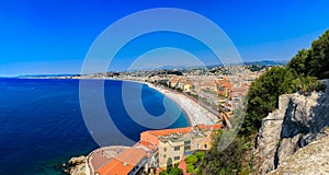 View of Nice cityscape onto the Old Town Vieille Ville in Nice French Riviera on Mediterranean Sea, Cote d'Azur, France