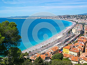 View of Nice with colorful historical houses in old city and sea. Nice, Cote d` Azur, France.