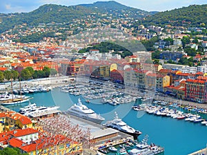 View of Nice, mediterranean resort, Cote d`Azur, France. Panoramic view of Nice, France.