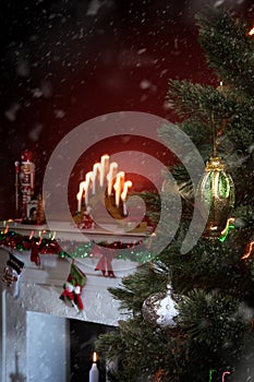 View of nice white christmas decorated fireplace