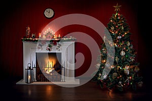 View of nice white christmas decorated fireplace