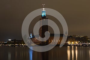 A view of the night city hall in Stockholm. Sweden. 05.11.2015