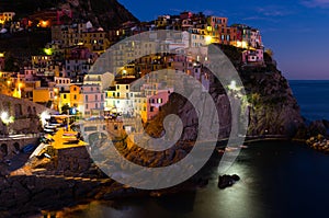 View on night light of Manarola in the province of La Spezia in Italy