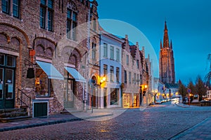 Evening on the streets of Bruges after the rain.