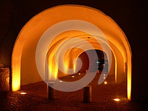 View at night of Sibiu covered street tunnel. Romania