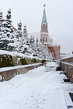 View of Nikolskaya Tower in winter. Moscow. Russia