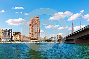 View on the Nile, city center and the 6th October Bridge of Cairo, Egypt