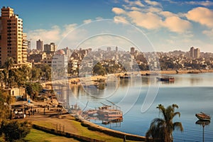 View of the Nile river and the city of Cairo, Egypt, Panorama on Cairo, seafront of Nile River, AI Generated