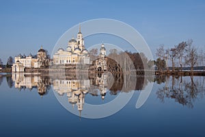 A view of Nilov monastery reflecting in seliger lake waters in t