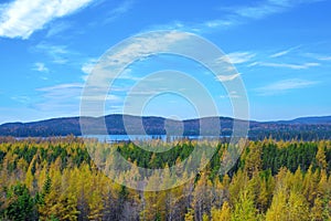 View of Northern Ontario lake during the fall, taken from the to