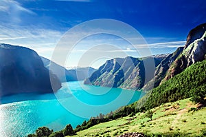View on Norway fiord landscape - Aurlandsfjord, part of Sognefjord photo