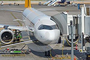 View of the nose and cockpit of the aircraft and the docking gangway air bridge. Maintenance and service of the flight before