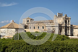 View of Noto from top of bell tower of church Chiesa di San Carlo al Corso to the church St. Charles Borromeo in Sicily, Italy